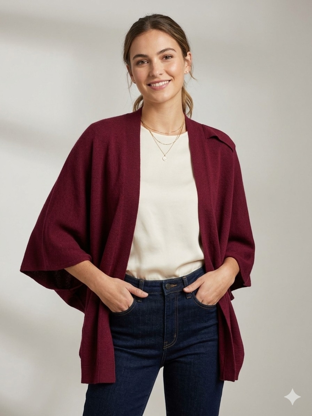 Parkhurst 100% Merino Wool Flowy Sweater Cape Burgundy Quiet Luxury Minimalist